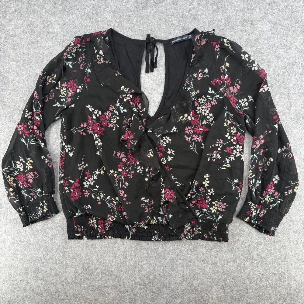 Abercrombie & Fitch Blouse Womens M Floral Ruffle Smocked Black EUC